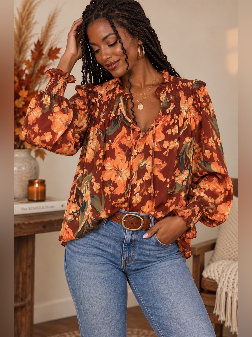Grace + Karma Small Rust Orange Floral Smocked Boho Long Sleeve Blouse